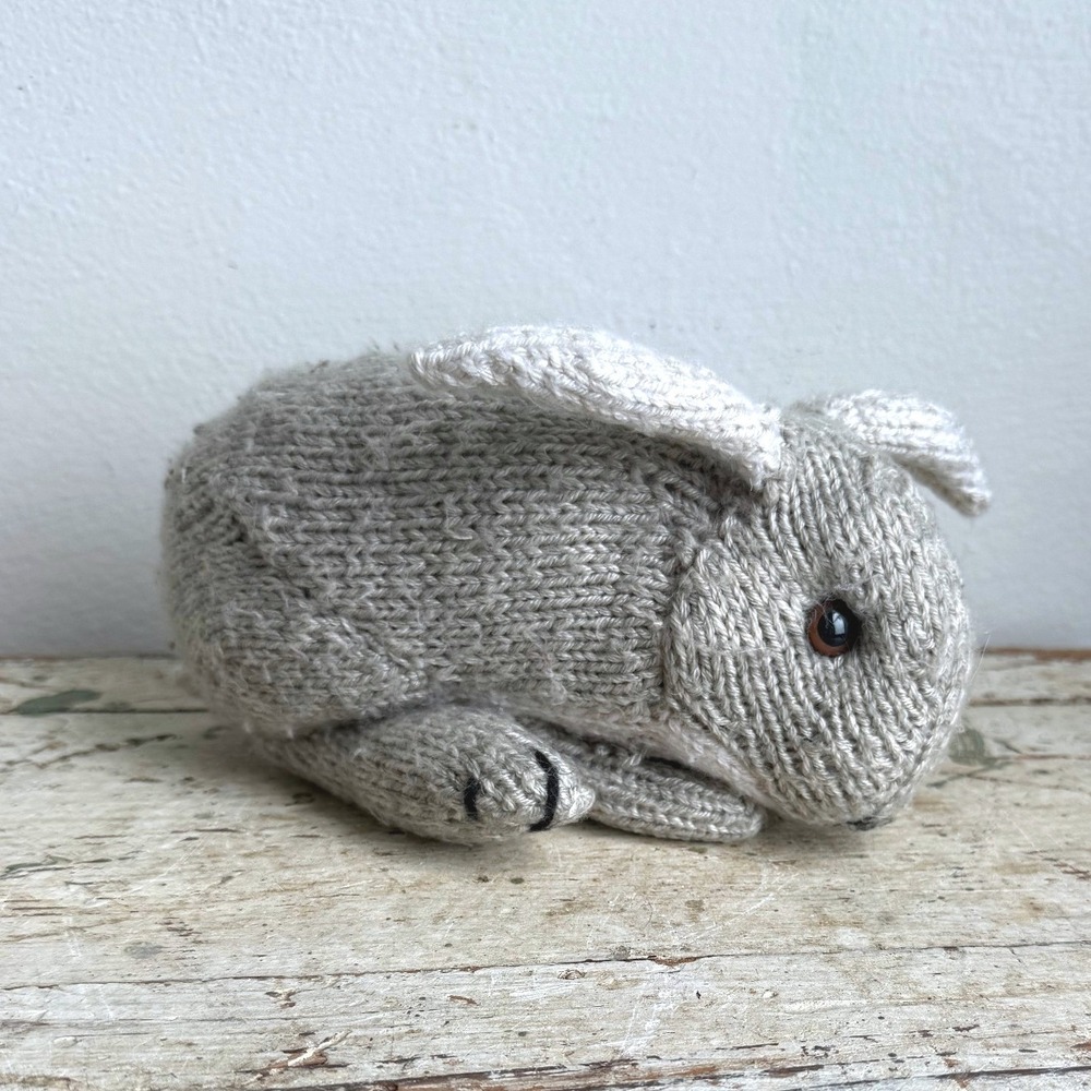 Handmade Knit Bunny Rabbit Plush Grey White Soft Toy 9"
